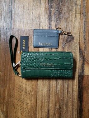 Bebe Green Croc Wallet Wrislet & Slim Card Case with Key Ring in Slate Blue